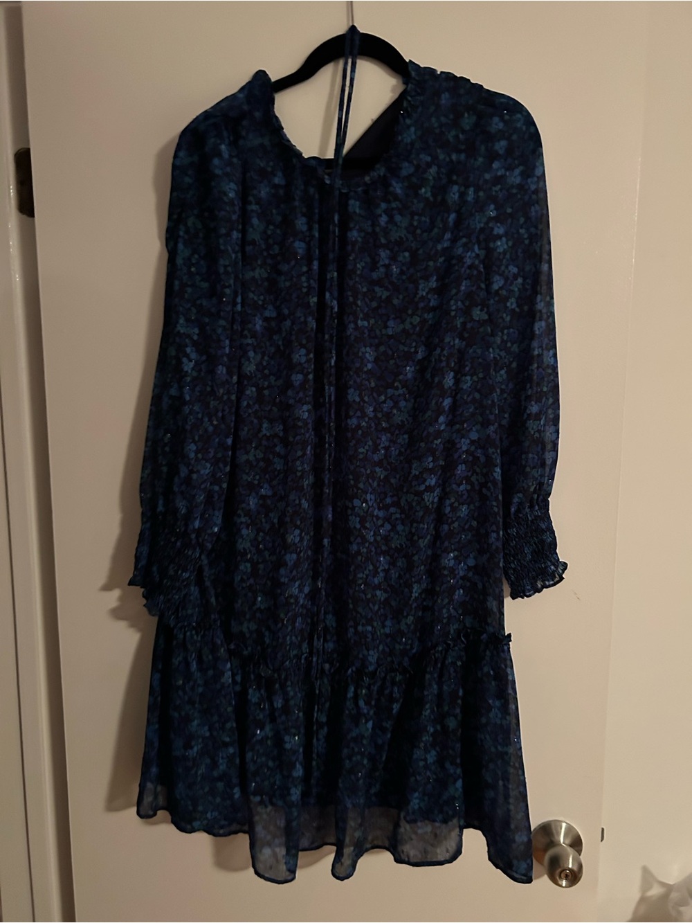 London Times Dark Navy Floral Tie-Neck Ruffle Dress